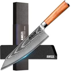 Chef Knife - 8.5" - Damascus - Japanese VG10 Super Steel Forged Kitchen Knife - Olivewood Handle - Sheath - Gift Box