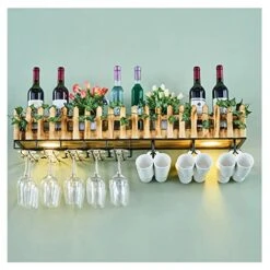 Wall-mounted Shelving, Creative LED Hanging Lights, Bookshelf Flower Rack With Red Wine Glass Rack And Solid Wood Fence On The Wall (Size : 100X25X21CM)