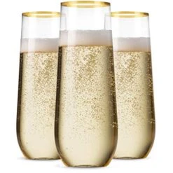 48 Pack Stemless Plastic Champagne Flutes Disposable 9 Oz Gold Rim Clear Plastic Toasting Glasses Shatterproof Recyclable And BPA-Free