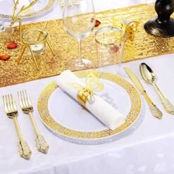 200PCS Gold Plastic Silverware Set- Disposable Flatware - Disposable Gold Plastic Cutlery For Party- Includes 50 Forks,50 Spoons,50 Knives,50 Napkins,50 Butterfly Clasp -Peugeot Shop 51uajcR999L