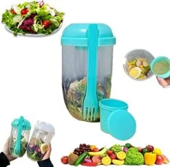 Keep Fit Salad Meal Shaker Cup,Fresh Salad Cup To Go,Portable Fruit And Vegetable Salad Cups Container With Fork & Salad Dressing Holder (Pink + Green) -Peugeot Shop 51ujsO7xkOL. AC