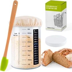 Sourdough Starter Jar Kit 1000ml - Large Glass Jar For Sourdough - Sourdough Starter Crock - Reusable Sour Dough Starter Jar With Thermometer, Silicone Scraper, Cloth Cover And Lid