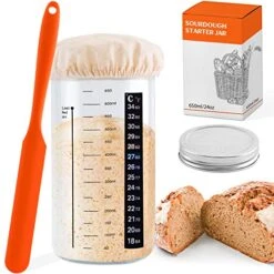 Sourdough Starter Jar With Thermometer Strip, Silicone Scraper, Cloth Cover And Aluminum Lid, 24 Oz Sourdough Starter Kit For Sourdough Bread Baking - Starter Not Included