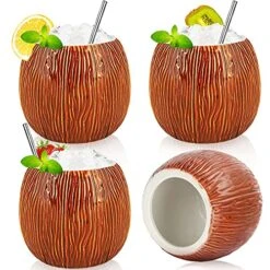 Ceramic Mug Coconut Shape Mug For Gifts Cups And Mugs Collections New Year Decoration Tiki Mug (520ml/17oz) (4 Pack)