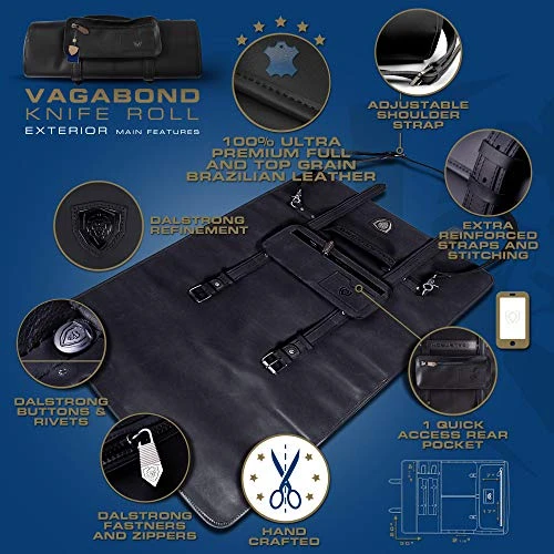 Vagabond Knife Roll - Full & Top Grain Brazilian Leather Roll Bag - 16 Slots - Midnight Black - Interior And Rear Zippered Pockets - Blade Travel Storage/Case - Large - Up To 20" Knives 2 Vagabond Knife Roll - Full & Top Grain Brazilian Leather Roll Bag - 16 Slots - Midnight Black - Interior And Rear Zippered Pockets - Blade Travel Storage/Case - Large - Up To 20" Knives - Image 2