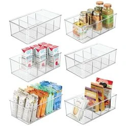 MDesign Plastic Divided Bin Storage Containers - Perfect For Fridge, Cabinet, Pantry, And Home Organization - Clear Plastic Organizer Bins - Refrigerator Organizers - Ligne Collection - 6 Pack, Clear