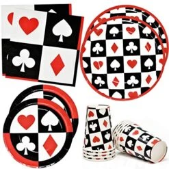 Casino Night Poker Game Party Supplies Tableware Set 24 9" Dinner Plates 24 7" Plate 24 9 Oz. Cups 50 Lunch Napkins For Card Playing Club Heart Spade Black & Red Theme Disposable Birthday Paper Goods