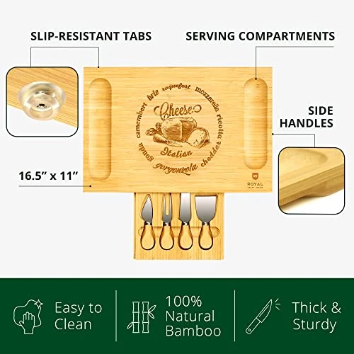 Unique Bamboo Cheese Board, Charcuterie Platter & Serving Tray Including 4 Stainless Steel Knife & Thick Wooden Server - Fancy House Warming Gift & Perfect Choice For Gourmets (Bamboo) 2 Unique Bamboo Cheese Board, Charcuterie Platter & Serving Tray Including 4 Stainless Steel Knife & Thick Wooden Server - Fancy House Warming Gift & Perfect Choice For Gourmets (Bamboo) - Image 2