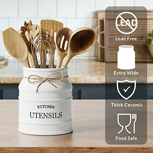 Ceramic Farmhouse Kitchen Utensil Holder For Countertop, Decorative Kitchen Utensil Holder, Large Kitchen Utensil Holder For Kitchen Counter, Utensil Crock Spatula Holder, 6.75" White 2 Ceramic Farmhouse Kitchen Utensil Holder For Countertop, Decorative Kitchen Utensil Holder, Large Kitchen Utensil Holder For Kitchen Counter, Utensil Crock Spatula Holder, 6.75" White - Image 2