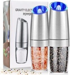 Electric Salt And Pepper Grinder, Automatic Pepper Mill, Gravity Salt Grinder, Battery-Operated With Adjustable Coarseness, LED Light, One Hand Operated (Silver 2Pack) -Peugeot Shop 51wgubkADYL. AC