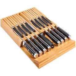 In-Drawer Bamboo Knife Block, Drawer Knife Set Storage, Knife Organizer And Holder With Slots For 16 Knives And 1 Sharpening Steel (Not Included)-Kitchen Drawer, Counter Top