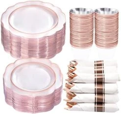 175PCS Pink Plastic Plates With Gold Disposable Silverware-Include 50 Plates 25Knives 25Forks 25Spoons 25Cups And 25Napkins-Ideal For Wedding, Party, Shower&Mother’s Day -Peugeot Shop 51x4lOV4Y1L. AC