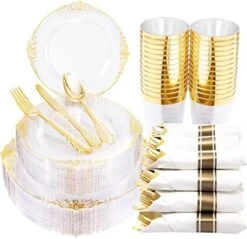 350pcs Black And Gold Plastic Plates With Gold Plastic Silverware For Weddings&Parties Served For 50Guests Include 50Dinner Plates 50Dessert Plates 50 Rolled Napkins With Gold Cutlery 50Cups -Peugeot Shop 51xFceQ7EqL. AC