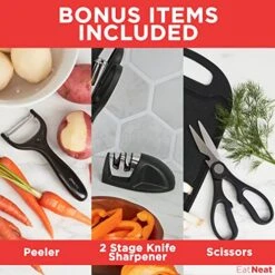 Kitchen Knife Set With Cutting Board - Deluxe 18 Piece Home Essentials All Black Knife Block Set, Knife Sharpener, Kitchen Scissors, Bottle Opener, Knife Block, Potato Peeler, Chopping Board -Peugeot Shop 51xRXaEjUhL