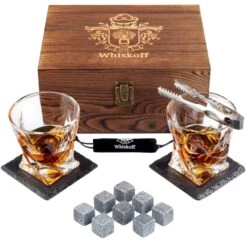 Hiskey Glass Set Of 2 - Bourbon Whiskey Stones Gift Set For Men - Includes Crystal Whisky Rocks Glasses, Chilling Stones, Slate Coasters - Scotch Glasses In Wooden Box - Wisky Burbon Retirement Gifts