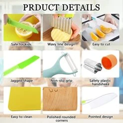 11 Pieces Wooden Kids Kitchen Knife, Kids Knife Set Include Wood Kids Safe Knife, Serrated Edges Plastic Toddler Knife, Crinkle Cutter, Sandwich Cutter, Y Peeler, Cutting Board (Crocodile)