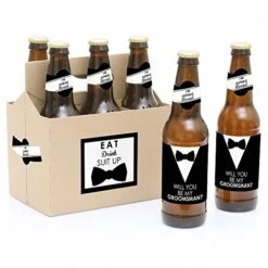 Suit Up - Will You Be My Groomsman Decorations For Men - 6 Beer Bottle Label Stickers And 1 Carrier