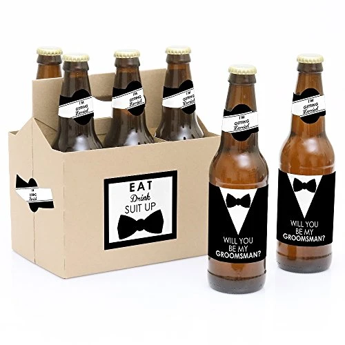 Suit Up - Will You Be My Groomsman Decorations For Men - 6 Beer Bottle Label Stickers And 1 Carrier 1 Suit Up - Will You Be My Groomsman Decorations For Men - 6 Beer Bottle Label Stickers And 1 Carrier