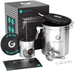 Nister – 6” Stainless Steel Airtight Coffee Containers For Ground Coffee W/Date Tracker, Co2-Release Valve, Measuring Scoop & Travel Jar - Medium, Gray -Peugeot Shop 51y3FI9GiEL. AC