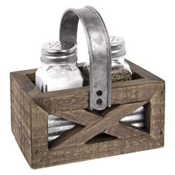 Barn Door Rustic Salt And Pepper Shakers Set In Wood And Galvanized Caddy | Farmhouse Salt And Pepper Shakers For Rustic Kitchen Decor | Rustic Kitchen Accessory For Your Country Kitchen