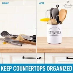 Large Utensil Crock Storage Organizer - Kitchen Utensil Holder For Countertop With Padded Base - Large Utensil Holder With Rustic Farmhouse Design For Home & Kitchen Decor (White) -Peugeot Shop 51yLLBvkvJL