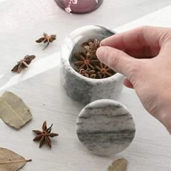 Marble Salt Cellar With Lid, 4 FL OZ Natural Salt Box, Storage Container For Pantry, Salt And Pepper Bowls, Salt Holder For Counter, 4.8” X 4.4” -Peugeot Shop 51yO6B8vl3L