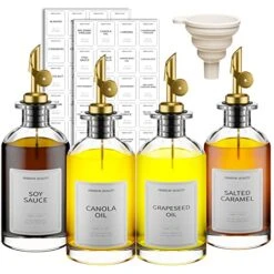 12 Oz Glass Olive Oil Dispenser Bottle For Kitchen,Oil And Vinegar Dispenser Set Of 4,Oil Bottles For Kitchen,Coffee Syrup Dispenser,Glass Oil Container With Metal Pourer,Funnel,Waterproof Labels