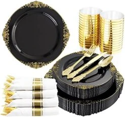 350pcs Black And Gold Plastic Plates With Gold Plastic Silverware For Weddings&Parties Served For 50Guests Include 50Dinner Plates 50Dessert Plates 50 Rolled Napkins With Gold Cutlery 50Cups -Peugeot Shop 51yjdpaLuTS. AC