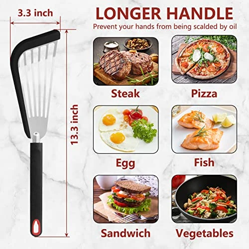 Fish Spatula, Stainless Steel Slotted Fish Turner, Silicone Fish Spatula With Basting Brush, 13 Inch, Heat Resistant, Flexible, Metal Spatula For Nonstick Cookware, BLACK 2 Fish Spatula, Stainless Steel Slotted Fish Turner, Silicone Fish Spatula With Basting Brush, 13 Inch, Heat Resistant, Flexible, Metal Spatula For Nonstick Cookware, BLACK - Image 2