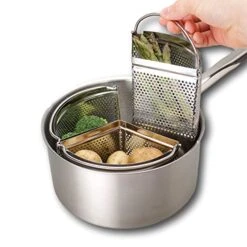 Saucepan Triple Divider Steamer Basket Separator Set – Pressure Cooker Accessories, Saves Energy/Space. Professional 7”/18cm Stainless Steel Strainer. Ideal For Vegetables, Potatoes, Eggs And Pasta