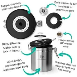 Nister – 6” Stainless Steel Airtight Coffee Containers For Ground Coffee W/Date Tracker, Co2-Release Valve, Measuring Scoop & Travel Jar - Medium, Gray -Peugeot Shop 51zbeqVs6VL
