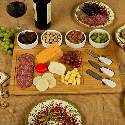 Bamboo Cutting Board For Cheese & Charcuterie With 4 Ceramic Bowls & Knife Set- Designed & Quality Checked In The USA 1 Bamboo Cutting Board For Cheese & Charcuterie With 4 Ceramic Bowls & Knife Set- Designed & Quality Checked In The USA