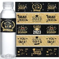 100 Pieces Graduation Water Bottle Labels Class Of 2023 Water Bottle Label Sticker Wrapper Waterproof Graduation Bottle Label For College High School Graduation Party Ornament Favor(Black, Gold)