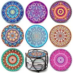 Absorbing Stone Mandala Ceramic Coasters For Drinks Cork Base With Holder, For Friends Funny Birthday Housewarming Apartment Kitchen Bar Decor, Suitable For Wooden Table, Coffee Table, Set Of 8