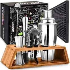 Cocktail Shaker Set Bartender Kit With Stand And Bar Mat | Essential Bar Accessories And Barware For The Home Bar Kit I Mixology Bartending Kit And Drink Mixing Tools
