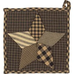 Farmhouse Star Cotton Primitive Tabletop Kitchen Fabric Loop Patchwork Square Pot Holder, 8" X 8", Charcoal Black