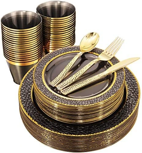 150PCS Clear Blue Plastic Plates & Gold Plastic Silverware - Disposable Gold Plastic Plates Include 50 Plates, 25Cups, 25Forks, 25Knives, 25Spoons For Party & Wedding & Graduation 5 150PCS Clear Blue Plastic Plates & Gold Plastic Silverware - Disposable Gold Plastic Plates Include 50 Plates, 25Cups, 25Forks, 25Knives, 25Spoons For Party & Wedding & Graduation - Image 5