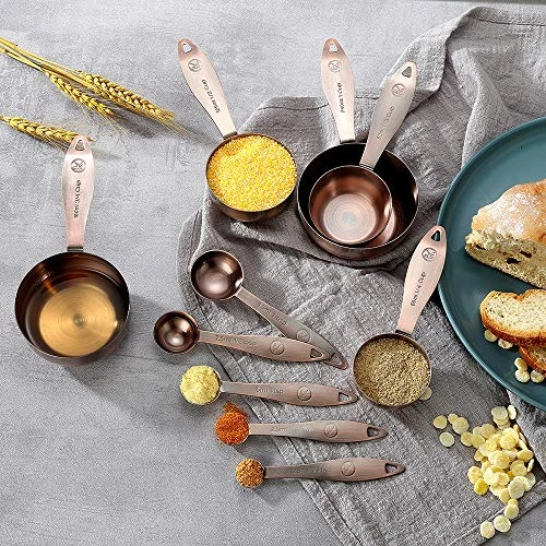 Copper Measuring Cups And Spoons Set, Stainless Steel 10 Piece Set, Stackable 5 Measuring Cups And 5 Measuring Spoons With 2 Rings, Antique Copper Plated 1 Copper Measuring Cups And Spoons Set, Stainless Steel 10 Piece Set, Stackable 5 Measuring Cups And 5 Measuring Spoons With 2 Rings, Antique Copper Plated