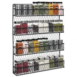 MyGift 4-Tier Black Chicken Wire Spice Rack Wall Mount Organizer, Pantry Seasoning Jars And Condiment Storage Shelves