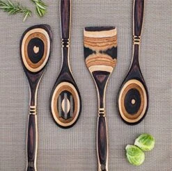 Exotic Pakkawood 6-Piece Kitchen Utensil Set With 12-in Spoon, 12-in Slotted Spoon, 12-in Spatula, 12-in Corner Spoon, 13-in Large Spurtle, Double Measuring Spoon - By Crate Collective (Earth) -Peugeot Shop 61H0Fuonu8L
