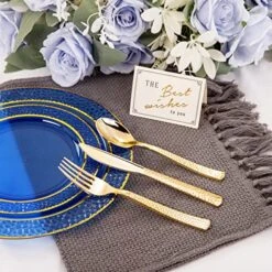 150PCS Clear Blue Plastic Plates & Gold Plastic Silverware - Disposable Gold Plastic Plates Include 50 Plates, 25Cups, 25Forks, 25Knives, 25Spoons For Party & Wedding & Graduation