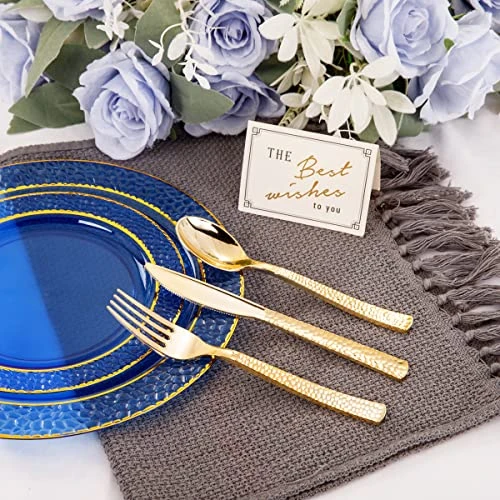 150PCS Clear Blue Plastic Plates & Gold Plastic Silverware - Disposable Gold Plastic Plates Include 50 Plates, 25Cups, 25Forks, 25Knives, 25Spoons For Party & Wedding & Graduation 1 150PCS Clear Blue Plastic Plates & Gold Plastic Silverware - Disposable Gold Plastic Plates Include 50 Plates, 25Cups, 25Forks, 25Knives, 25Spoons For Party & Wedding & Graduation