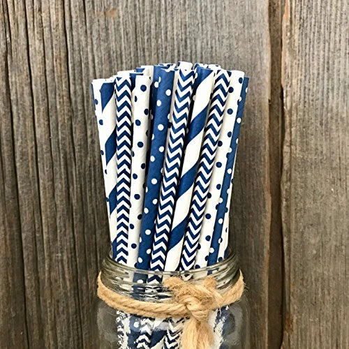 Straws - Navy Blue And White - Stripe Chevron Polka Dot - 7.75 Inches - 100 Pack - Outside The Box Papers Brand 2 Straws - Navy Blue And White - Stripe Chevron Polka Dot - 7.75 Inches - 100 Pack - Outside The Box Papers Brand - Image 2