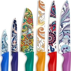 Knife Set, Paisley Pattern Kitchen Knife Set With Cover, Dishwasher Safe Colorful Knives With 6 Knife Sheath, German Stainless Steel Rainbow Knife Set
