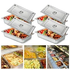 LOYALHEARTDY 4Pack 4" Deep Full Size Table Pan, Stainless Steel Hotel Pan Steam Table Pan With Lids Anti-Jam Hotel Food Pans