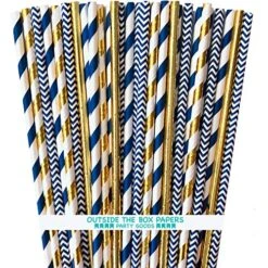 Navy Blue And Gold Foil Paper Straws - Stripe Chevron Solid - 100 Pack