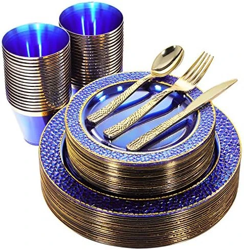 150PCS Clear Blue Plastic Plates & Gold Plastic Silverware - Disposable Gold Plastic Plates Include 50 Plates, 25Cups, 25Forks, 25Knives, 25Spoons For Party & Wedding & Graduation 6 150PCS Clear Blue Plastic Plates & Gold Plastic Silverware - Disposable Gold Plastic Plates Include 50 Plates, 25Cups, 25Forks, 25Knives, 25Spoons For Party & Wedding & Graduation - Image 6