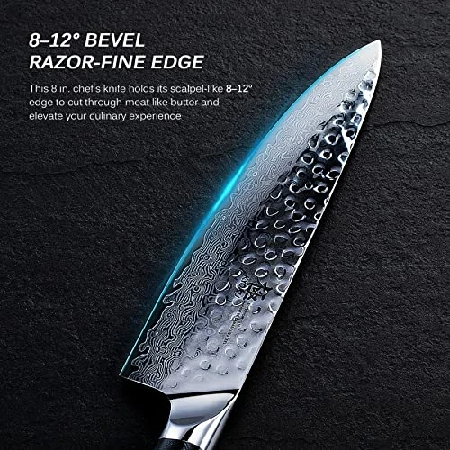 Chef Knife - 8"- Japanese VG10 Steel Core Hammered Damascus Blade - With Sheath & Case 4 Chef Knife - 8"- Japanese VG10 Steel Core Hammered Damascus Blade - With Sheath & Case - Image 4