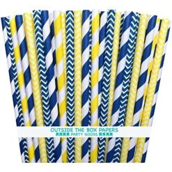 The Box Papers Yellow And Navy Blue Chevron And Stripe Paper Straws 7.75 Inches- 100 Navy Blue, Yellow