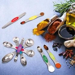 Magnetic Measuring Spoons Set, Dual Sided, Stainless Steel, Fits In Spice Jars, Multi-Color, Set Of 8